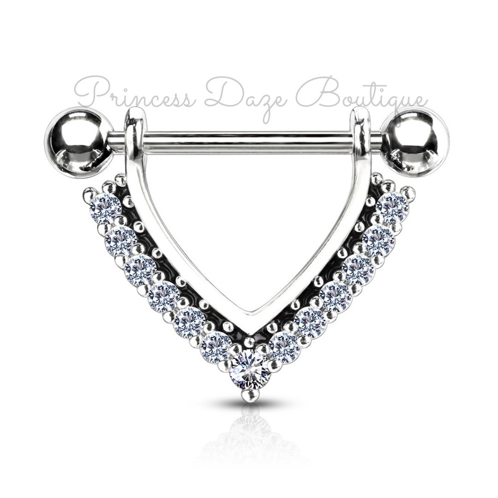 Silver CZ V-Shape Nipple Ring Barbell‎ Set